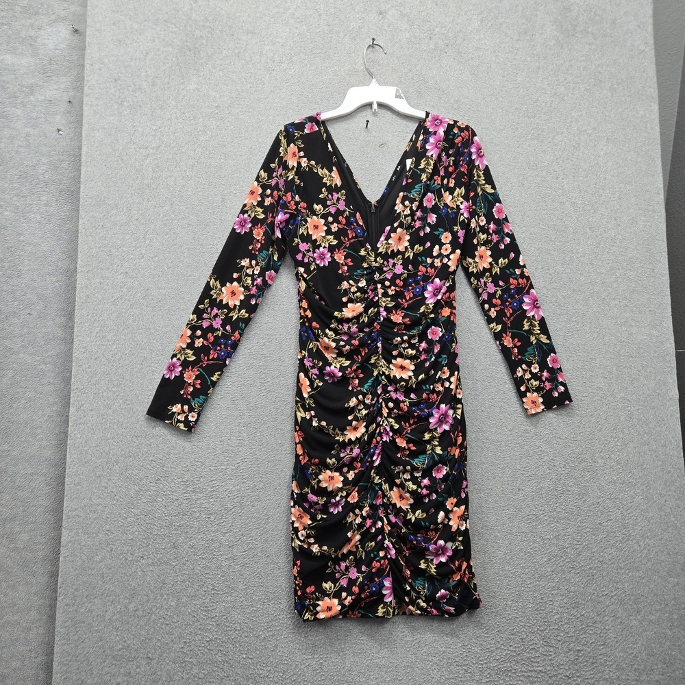Guess Women Dress 14 Black Floral Bodycon Ruched Ruffle Slim Long Sleeve Garden
